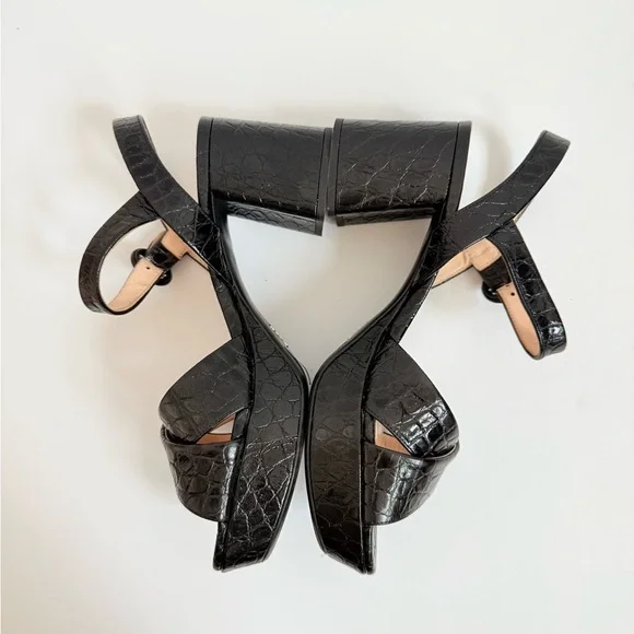Prada Black Embossed Croc effect leather Quarter strap platform sandals EU 37.5 - Picture 5 of 9
